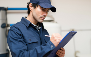 Home inspector taking notes while inspecting a house